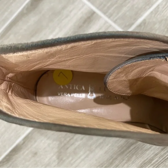 Antica Cuoieria Suede Taupe Neutral Platform Wedge Retro Lace Up Bootie.